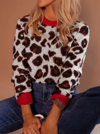 Contrast Color Leopard Jacquard Long-sleeved Knitted Sweater