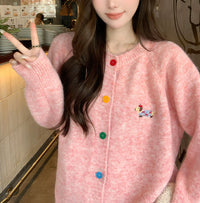 Women's Sweet Round Neck Color Buckle Puppy Pattern Long-sleeved Sweater Cardigan