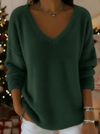 New Womens Plush Pullover With A Drop-shoulder V-neck And Long Sleeves
