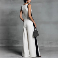 Sleeveless Womens V-Neck Contrasting Color Wide-Leg Jumpsuit