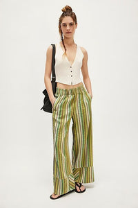 Womens Loose Casual High-waisted Striped Wide-leg Pants