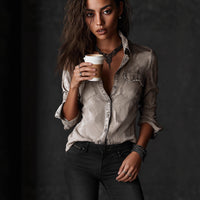 Women's Casual Vintage-style Distressed Long-sleeve Shirt
