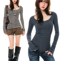 Womens Slim-Fit Long-Sleeve Striped T-Shirt In American Style