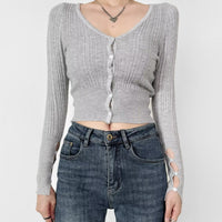 American Hot Girl Pure Desire Sexy V-neck Single-breasted Long Sleeve Sweater