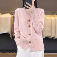 Heart Buckle Solid Color Knitted V-neck Cardigan Loose Sweater For Women