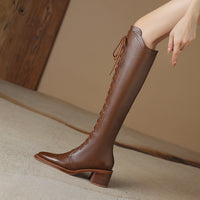 Brown Womens New Pointed-toe High-heeled Mid-calf Leather Boots