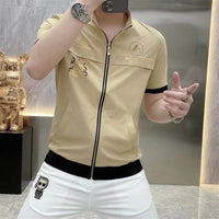 Cardigan Short Sleeve Men's Ice Silk Leisure Shirt Printed Stand Collar Lightweight Breathable Half Sleeve