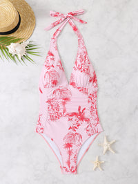 One Piece Swimsuit Halter Deep V-neck Gather Conservative Swimsuit For Women