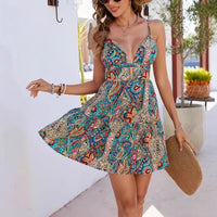 Printed Strap V Neck Hollow Out Backless Beach Dress