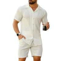 Men's Wave Pattern Casual Breathable Solid Color Short Sleeve Shorts Suit