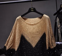 Sequined Pullover Loose Cape Batwing Shirt Hollow Round Neck Sweater