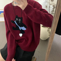 Women's All-match Cartoon Cat Round Neck Knitted Sweater