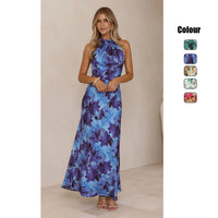 SpringSummer Floral Digital Print Sweet Halter Mid Length Dress
