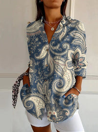 Flowers Print Long Sleeve Shirt Fashion Stand Collar Button Tops For Women Clothing
