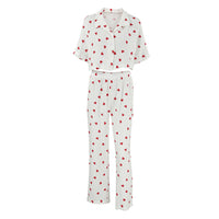 Heart-printed Crepe Cotton Pajama Pants And Short-sleeve Top Set