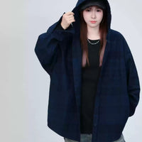 Spring New Men And Women Blue Plaid Hooded Long-sleeved Shirt