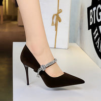 Pointed Toe Shallow Vamp Single Shoes With Rhinestone Strap Suede Commuting Shoes Banquet Shoes