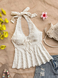 SpringSummer Embossed Texture Halterneck Top With Tie Back Straps