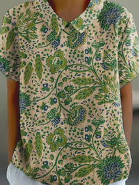 Fashionable Printed Short-Sleeve Floral Lapel Top For Women