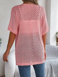 Women S Vertical Stripe Hollow Out Short Sleeve Knit Cardigan Cover-Up