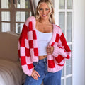 Loose Plaid Contrast Color Thick Needle Cardigan Sweater Coat