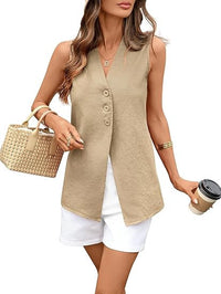 Solid-color Sleeveless Cotton-linen Womens Top