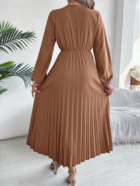 Women's Elegant Triple V Neck Long Sleeve Tie Waist Pleated Maxi Dress