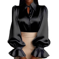 New Stylish Solid-colored Bubble Sleeve Long-sleeve Lapel Satin Shirt For Commuting