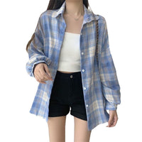 Womens Retro Long-Sleeve Plaid Shirt Top