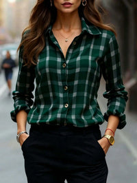 Womens Plaid Shirt Slimming, Figure-Hugging Korean-Style Long-Sleeve Top