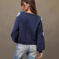 Off-neck Flower Jacquard Pullover Women's Loose Casual