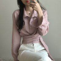Retro Design Cross Strap Solid Color Lapel Long Sleeve Shirt