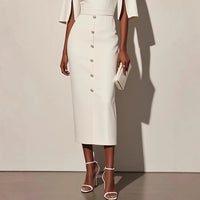 Summer Solid-Color Crew-Neck Defined-Waist Dress With Slit And Buttons