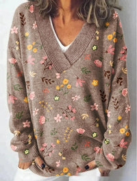 Floral Pattern Printed V-neck Long Sleeve Casual Sweatshirt