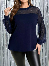 Women's Fashionable And Elegant Rhinestone-Embellished Mesh-Panel Long-Sleeve Top