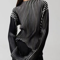 Long Sleeve Sweater Black And White Contrast Color Texture Half Turtleneck Sweater