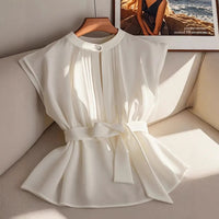 Classic Elegant Solid Color Sleeveless Belted Pleated Shirt