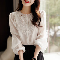 Elegant Style Round Neck Long Sleeve Shirt Lantern Sleeve