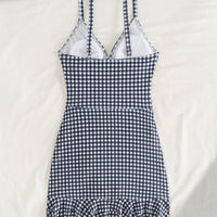 Black-and-white Plaid Ruffled Hem Halter-style Bottomed One-piece Swimsuit