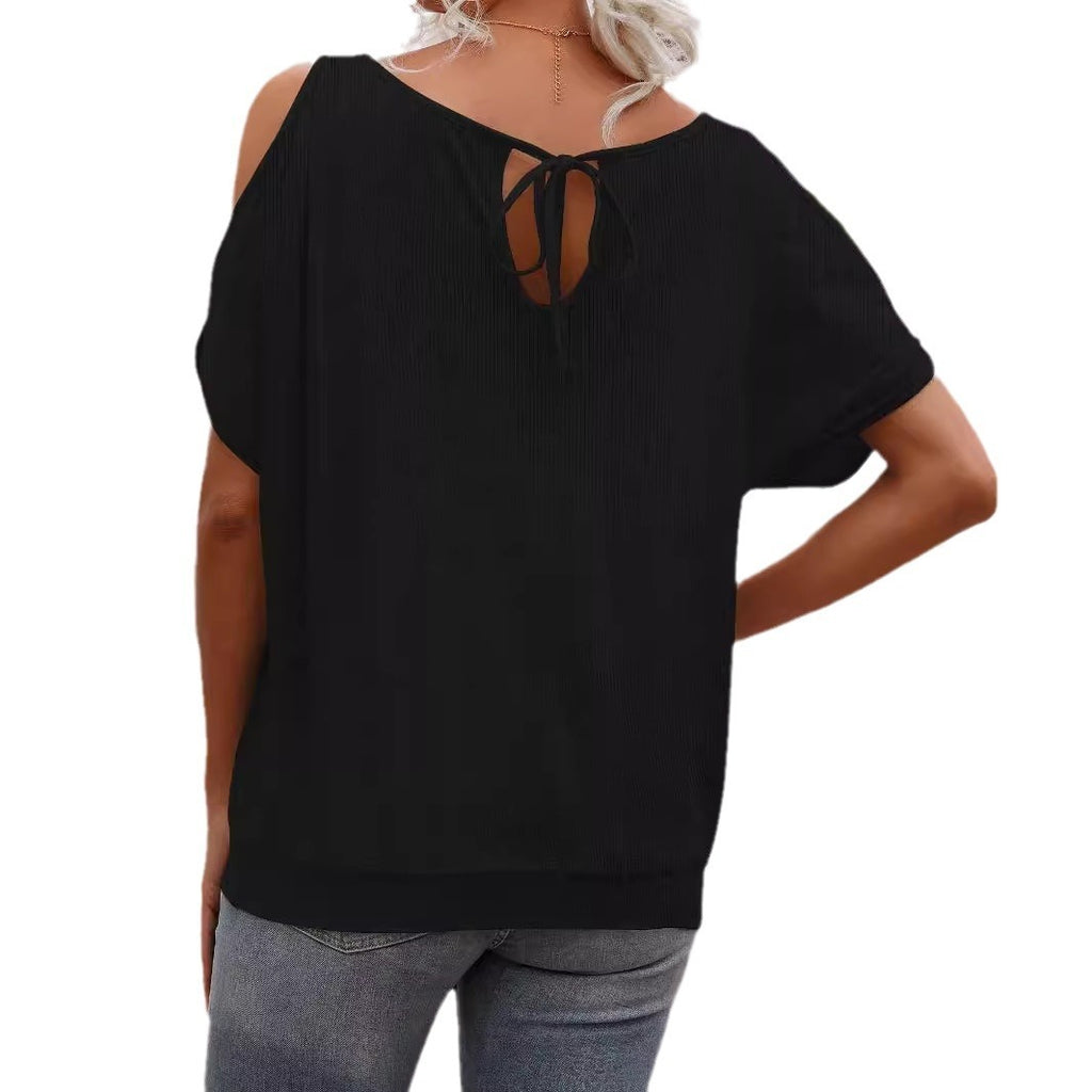 Women's Round Neck Off-the-shoulder Lace-up Top T-shirt