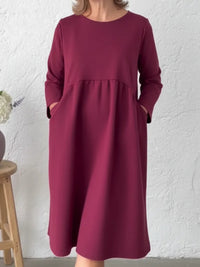 Solid-color Pleated Crew-neck Long-sleeve Dress With Pockets