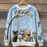 Womens Printed Cat Christmas Crew-Neck Sweatshirt Top