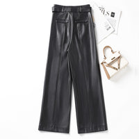 Womens Straight-Leg Leather Pants High-Waisted Fashionable Wide-Leg Pants