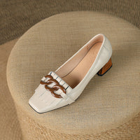 Fringed Chunky-heel Peep-toe Leather Shoes With A Chain Detail