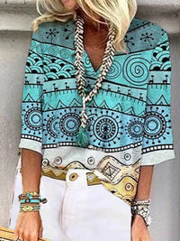 Womens Loose-fitting Geometric-print V-neck Long-sleeve Top