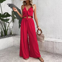 Elegant Solid-color Two-piece Set A V-neck Slip Top With Tie Details And Wide-leg Trousers