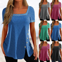Printed Button-Front Slit Short-Sleeve Top T-Shirt Womens
