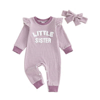 Girls Striped Embroidered Letter Flutter Sleeve Long-Sleeve Solid-Color Jumpsuit Cotton Headband