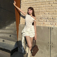 Solid-color Slim-fit Lace-up Tiered Dress For Women