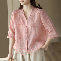 Retro Cotton-Linen Shirt Womens Artistic Cardigan Embroidered Blouse